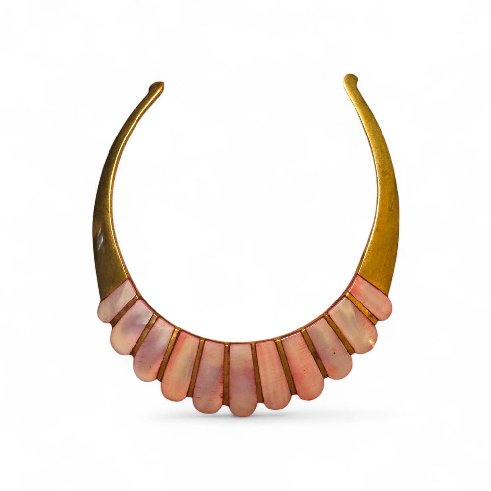 Vintage Boho Choker Bib Necklace Pink Mother Of Pearl Inlayed Brass
